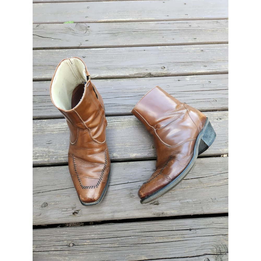 Vintage 80s Western Ankle Boots Brown Leather Whipstitch‎ Zip Mens Size 9